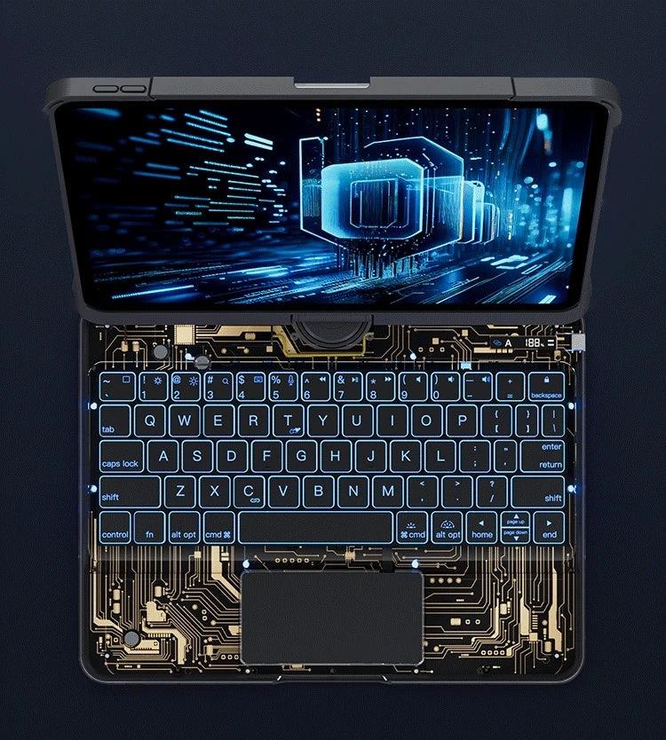 Mandotos 360 swivel clear iPad keyboard case with pen slot, Bluetooth-compatible smart trackpad cover and protective design.