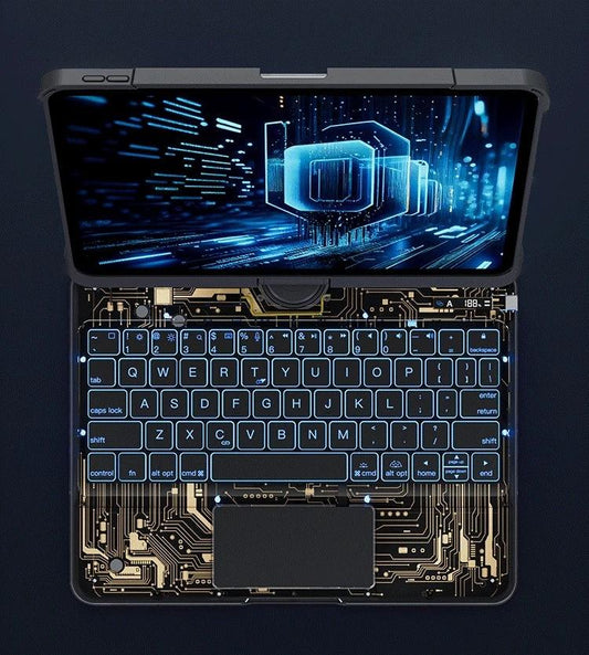 Mandotos 360 swivel clear iPad keyboard case with pen slot, Bluetooth-compatible smart trackpad cover and protective design.