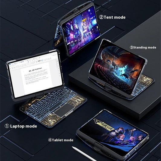 Mandotos 360 swivel clear keyboard case for iPad with smart trackpad, Bluetooth compatibility, and pen slot.