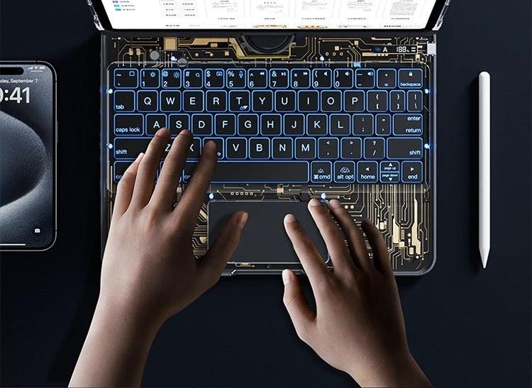 Mandotos 360 swivel clear keyboard case for iPad with smart trackpad, Bluetooth compatibility, and pen slot.