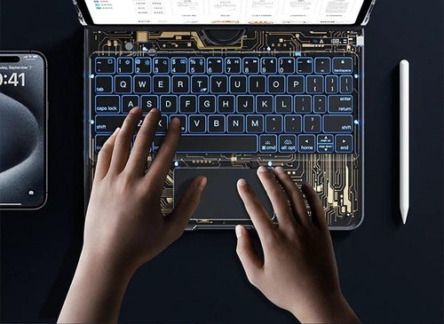 Mandotos 360 swivel clear keyboard case for iPad with smart trackpad, Bluetooth compatibility, and pen slot.