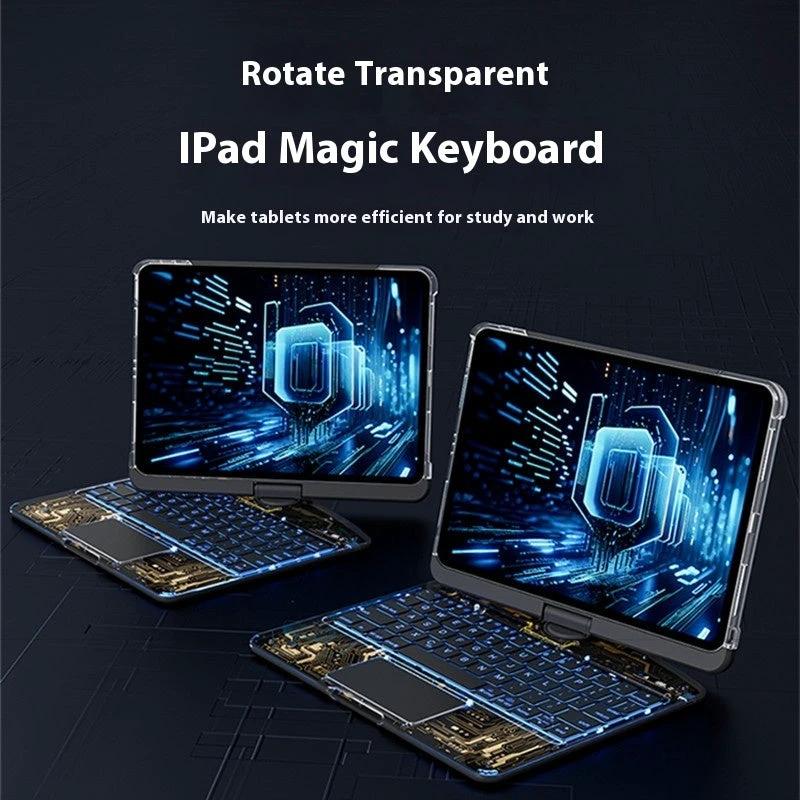 Mandotos 360 swivel clear keyboard case for iPad with smart trackpad, Bluetooth compatibility, and pen slot.