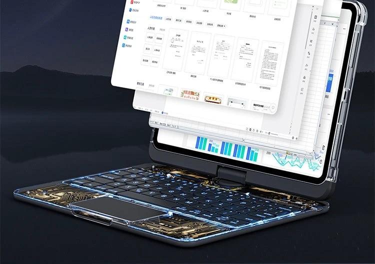 Mandotos 360 swivel clear iPad keyboard case with pen slot, Bluetooth-compatible smart trackpad cover and protective design.