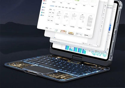 Mandotos 360 swivel clear iPad keyboard case with pen slot, Bluetooth-compatible smart trackpad cover and protective design.