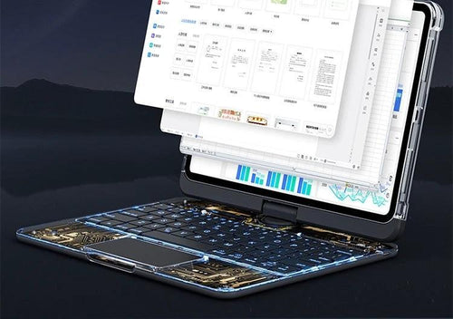 Mandotos 360 swivel clear iPad keyboard case with pen slot, Bluetooth-compatible smart trackpad cover and protective design.