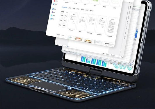 Mandotos 360 swivel clear iPad keyboard case with pen slot, Bluetooth-compatible smart trackpad cover and protective design.