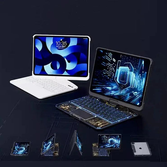 Mandotos 360 swivel clear iPad keyboard case with smart trackpad, Bluetooth compatibility, and pen slot for secure protection.