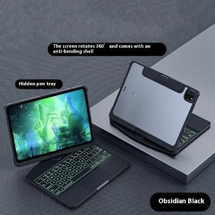Mandotos 360 swivel clear iPad keyboard case with trackpad, pen slot, Bluetooth compatibility, protective cover, and adjustable stand.