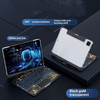 Mandotos 360 swivel clear iPad keyboard case with pen slot, Bluetooth-compatible smart trackpad cover, protects and enhances usability.