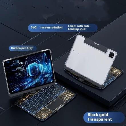 Mandotos 360 swivel clear iPad keyboard case with pen slot, Bluetooth-compatible smart trackpad cover, protects and enhances usability.