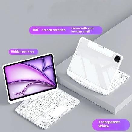 Mandotos 360 swivel clear iPad keyboard case with smart trackpad, Bluetooth compatibility, and pen slot for secure protection.