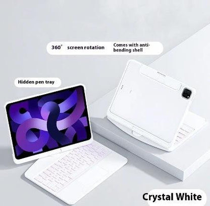 Mandotos 360 swivel clear iPad keyboard case with pen slot, Bluetooth-compatible smart trackpad and protective cover.
