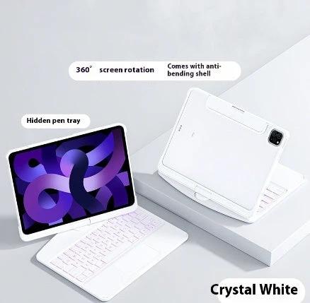 Mandotos 360 swivel clear iPad keyboard case with pen slot, Bluetooth-compatible smart trackpad and protective cover.