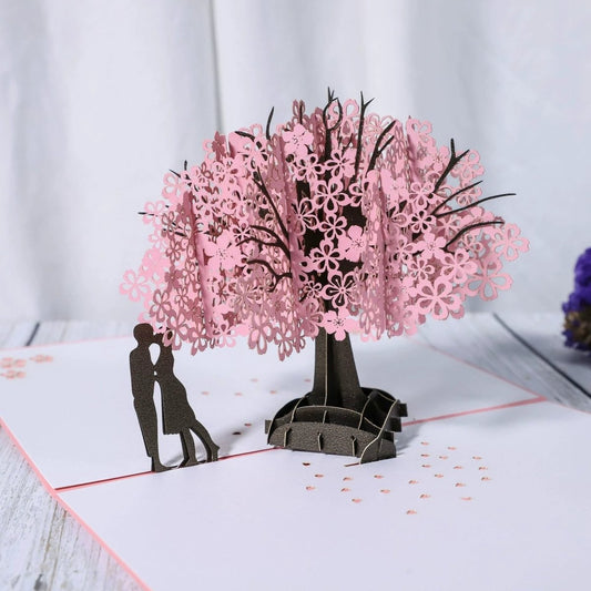Mandotos 3D laser-cut engagement card with a red heart and romantic silhouette featuring intricate design.