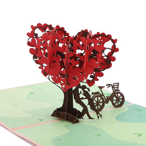 Mandotos 3D laser-cut engagement card with red heart and romantic silhouette, featuring intricate heart and love-themed design.