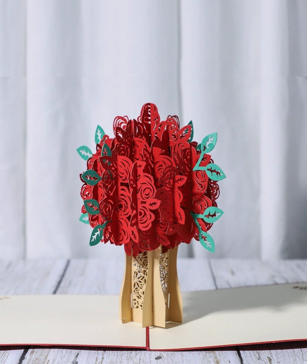 Mandotos 3D laser-cut engagement card featuring a red heart and romantic silhouette design.