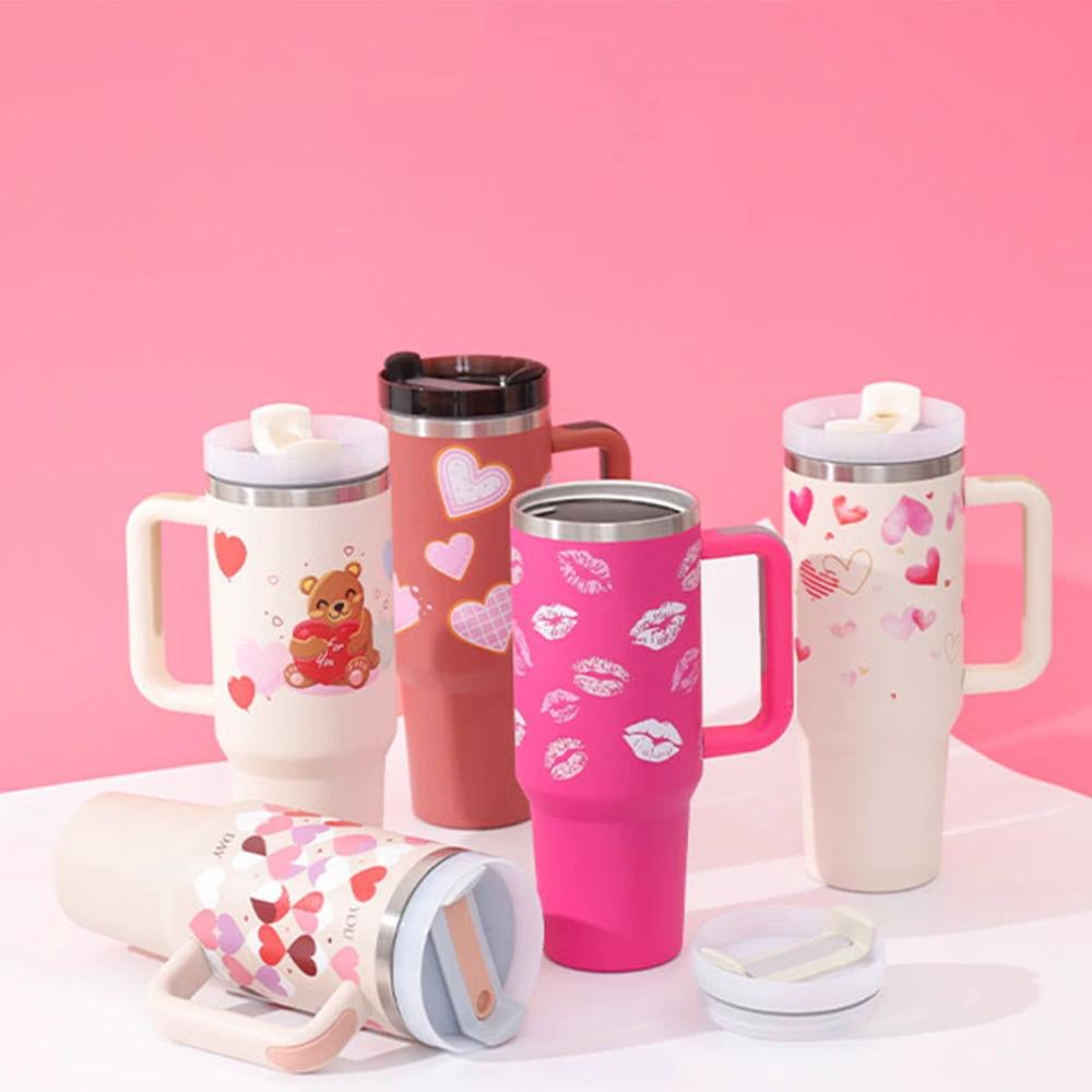 Mandotos 40 oz insulated stainless steel tumbler with handle, straw, spill-proof lid, tapered design, ideal for travel, gym, or office.