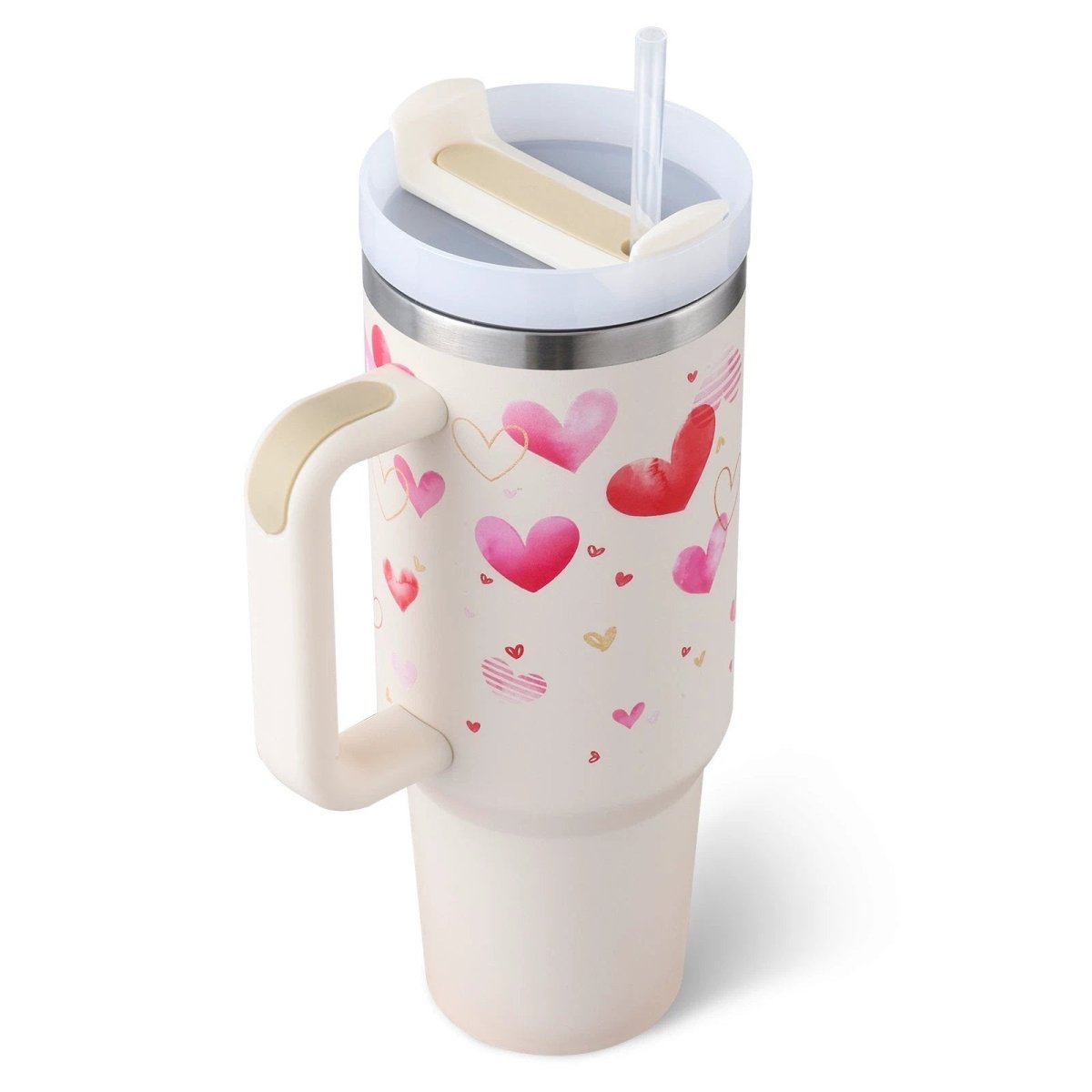 Mandotos 40 oz insulated stainless steel tumbler with handle, straw, spill-proof lid, ideal for coffee, travel, gym, or office use.