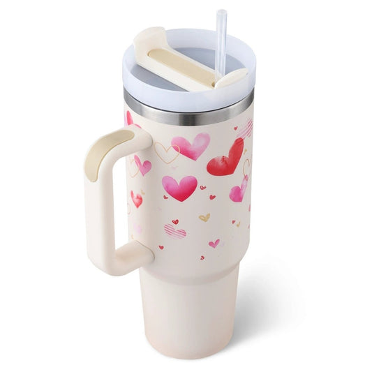 Mandotos 40 oz insulated stainless steel tumbler with handle, straw, spill-proof lid, ideal for coffee, travel, gym, or office use.