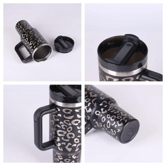 Mandotos 40 oz insulated stainless steel tumbler with handle, straw, spill-proof lid, ideal for coffee, travel, gym, and office use.