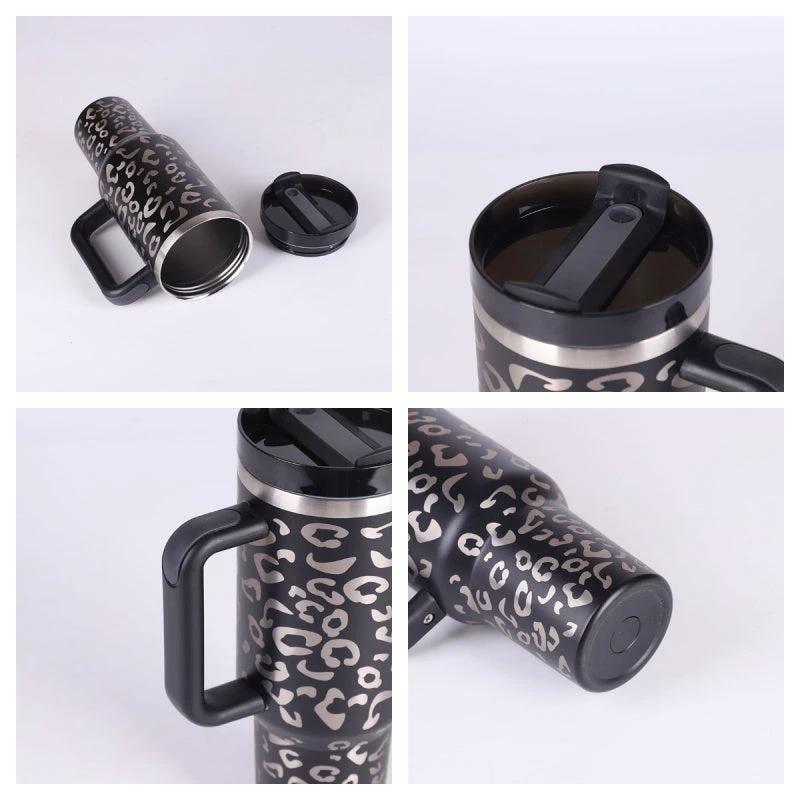 Mandotos 40 oz insulated stainless steel tumbler with handle, straw, spill-proof lid, ideal for coffee, travel, gym, and office use.