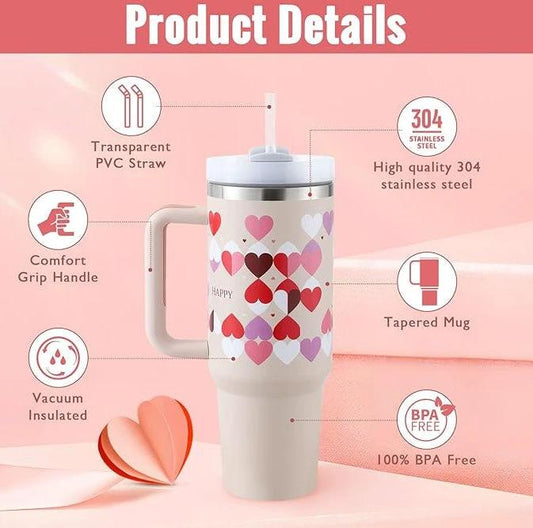 Mandotos 40 oz insulated stainless steel tumbler with handle, straw, spill-proof lid, tapered design, suitable for travel, gym, and office.