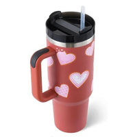 Mandotos 40 oz stainless steel insulated tumbler with handle, straw, spill-proof lid, tapered design, ideal for travel, gym, or office.