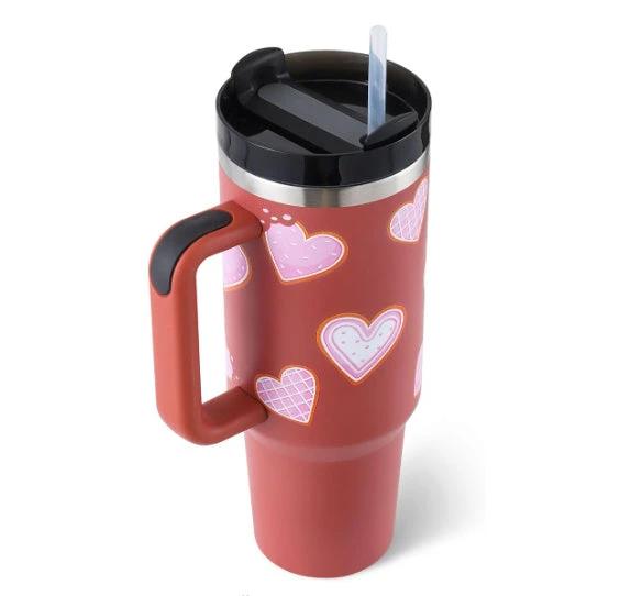 Mandotos 40 oz stainless steel insulated tumbler with handle, straw, spill-proof lid, tapered design, ideal for travel, gym, or office.