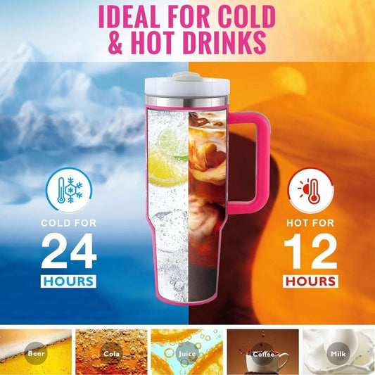 Mandotos 40 oz stainless steel insulated tumbler with handle, straw, spill-proof lid, tapered design, suitable for travel, gym, office.