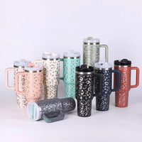 Mandotos 40 oz insulated stainless steel tumbler with handle, straw, spill-proof lid, tapered design for coffee, travel, or gym use