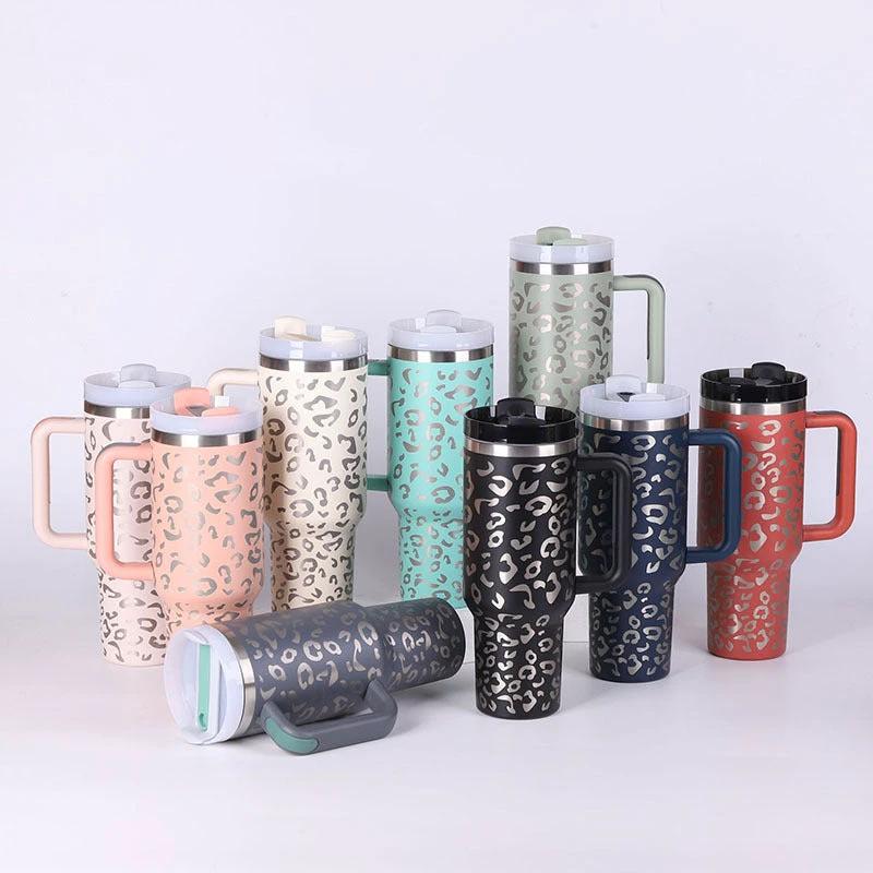Mandotos 40 oz insulated stainless steel tumbler with handle, straw, spill-proof lid, tapered design for coffee, travel, or gym use