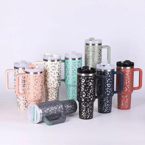 Mandotos 40 oz insulated stainless steel tumbler with handle, straw, spill-proof lid, tapered design for coffee, travel, or gym use