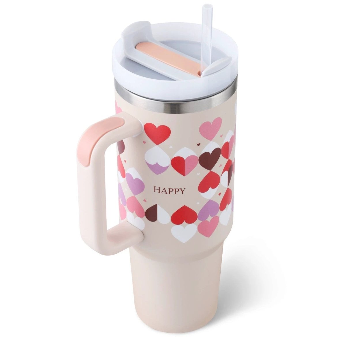 Mandotos 40 oz stainless steel insulated tumbler with handle, straw, spill-proof lid, tapered design, ideal for coffee, travel, or gym.