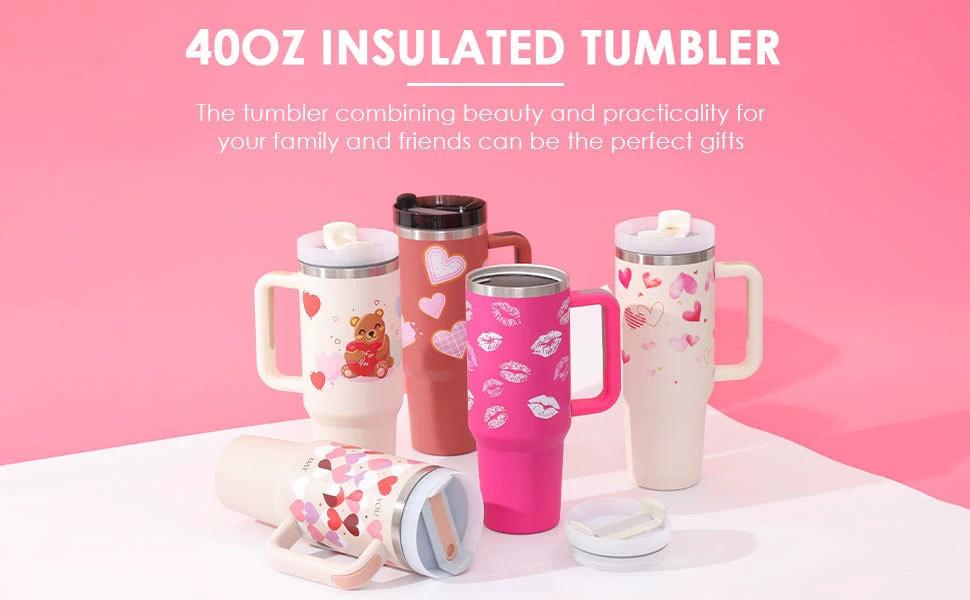 Mandotos 40 oz stainless steel insulated tumbler with handle, straw, spill-proof lid, tapered design, suitable for travel, gym, and office.