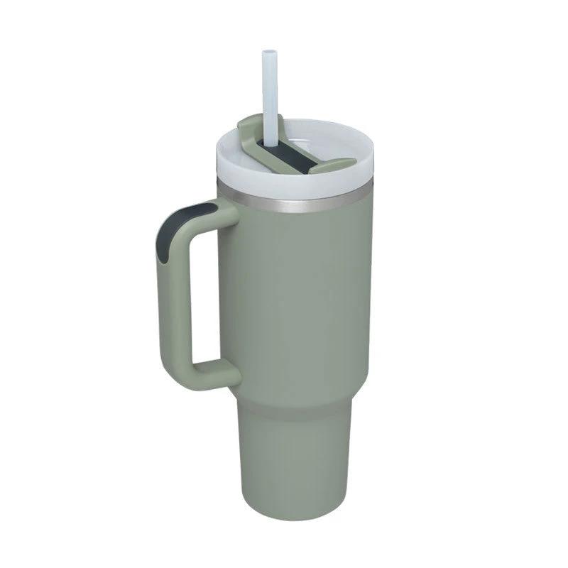 Mandotos 40 oz insulated stainless steel tumbler with handle, straw, spill-proof lid, ideal for coffee, travel, gym, and office use.