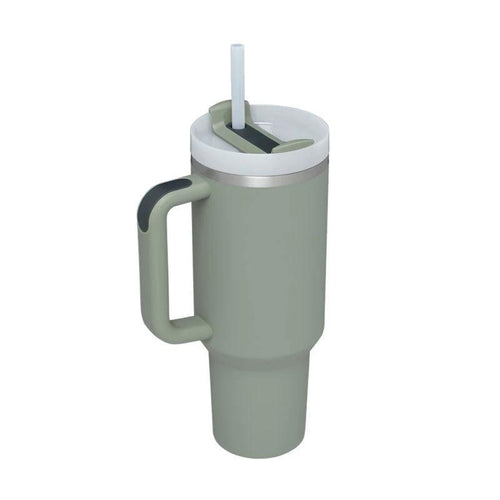 Mandotos 40 oz insulated stainless steel tumbler with handle, straw, spill-proof lid, ideal for coffee, travel, gym, and office use.