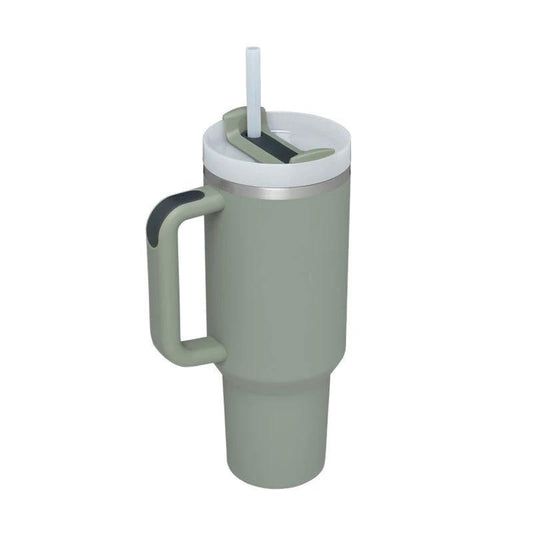 Mandotos 40 oz insulated stainless steel tumbler with handle, straw, spill-proof lid, ideal for coffee, travel, gym, and office use.