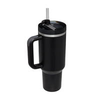 Mandotos 40 oz insulated stainless steel tumbler with handle, straw, spill-proof lid, tapered design, ideal for travel, gym, or office.