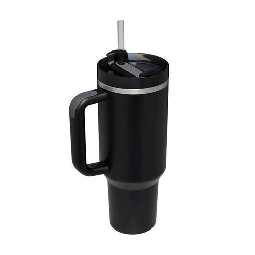 Mandotos 40 oz insulated stainless steel tumbler with handle, straw, spill-proof lid, tapered design, ideal for travel, gym, or office.