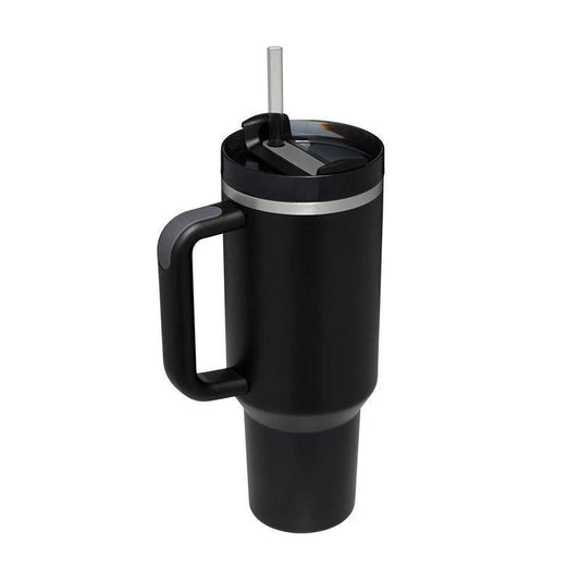 Mandotos 40 oz insulated stainless steel tumbler with handle, straw, spill-proof lid, tapered design, ideal for travel, gym, or office.