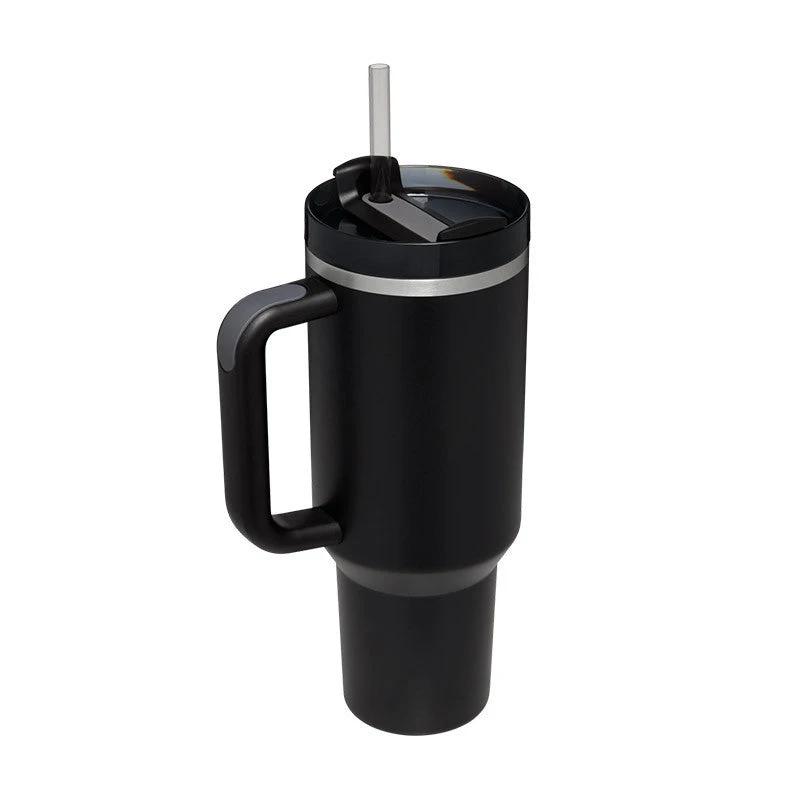 Mandotos 40 oz insulated stainless steel tumbler with handle, straw, spill-proof lid, tapered design, ideal for travel, gym, or office.