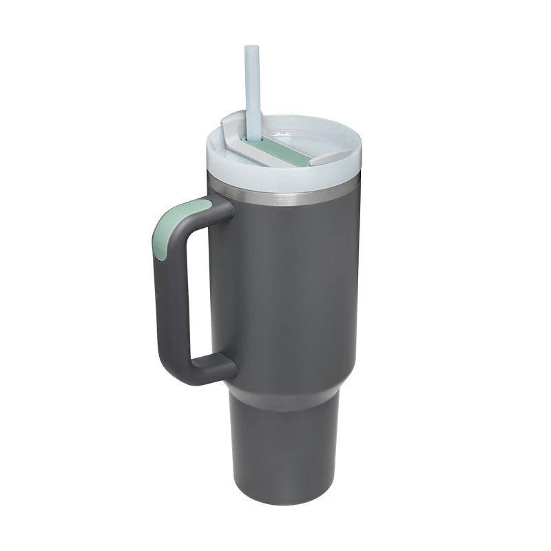 Mandotos 40 oz stainless steel insulated tumbler with handle, straw, spill-proof lid, tapered design, ideal for travel, gym, or office