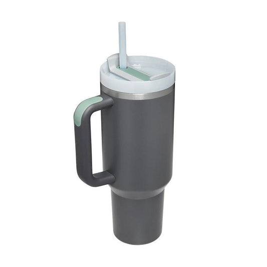 Mandotos 40 oz stainless steel insulated tumbler with handle, straw, spill-proof lid, tapered design, ideal for travel, gym, or office
