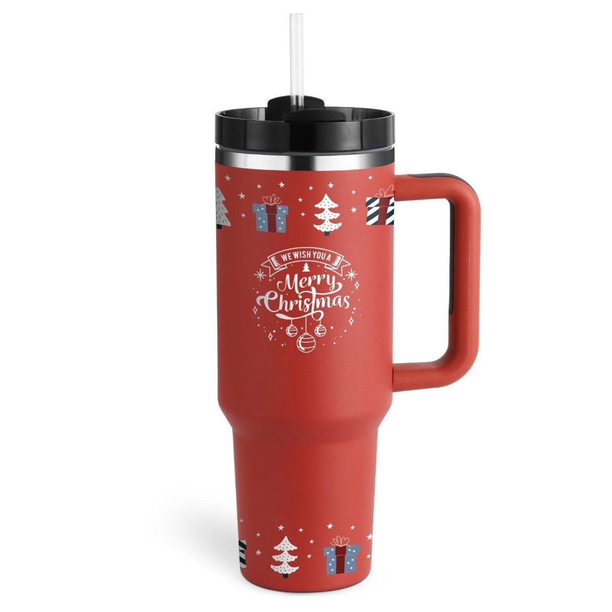 Mandotos 40 oz stainless steel insulated tumbler with handle, straw, spill-proof lid, tapered design, ideal for travel, gym, or office.