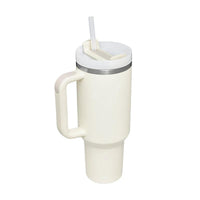Mandotos 40 Oz insulated stainless steel tumbler with handle, straw, spill-proof lid, tapered design, ideal for travel, gym, or office.