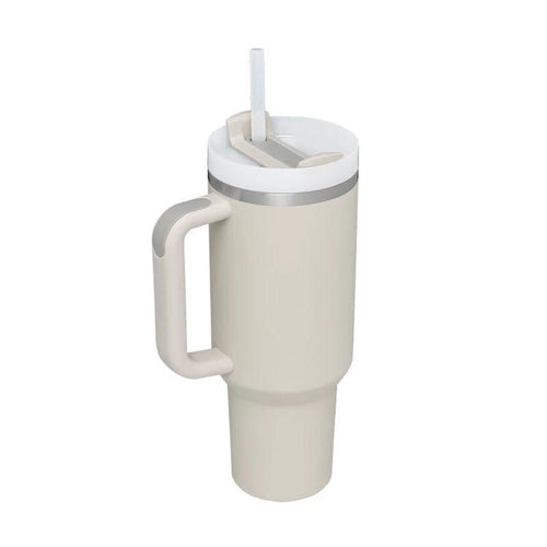 Mandotos 40 oz stainless steel insulated tumbler with handle, straw, spill-proof lid, tapered design, suitable for travel, gym, office.