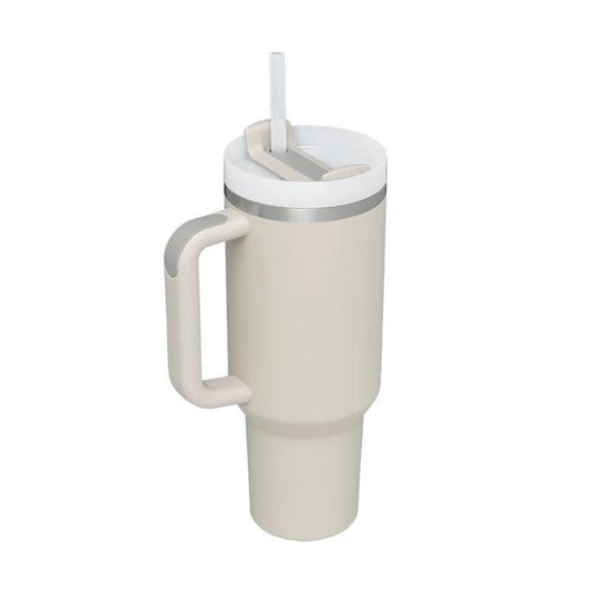 Mandotos 40 oz stainless steel insulated tumbler with handle, straw, spill-proof lid, tapered design, suitable for travel, gym, office.