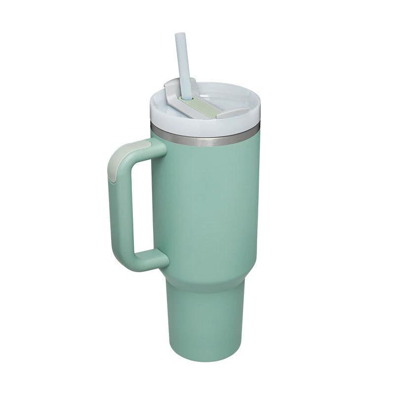 Mandotos 40 oz insulated stainless steel tumbler with handle, straw, spill-proof lid, tapered design for coffee, travel, and gym use.