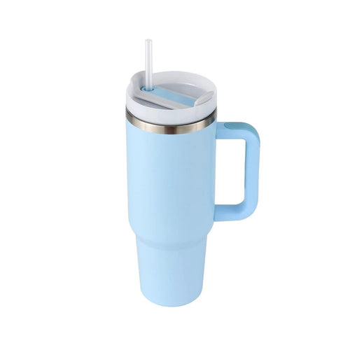 Mandotos 40 oz insulated stainless steel tumbler with handle, straw, spill-proof lid, ideal for coffee, travel, gym, and office use.