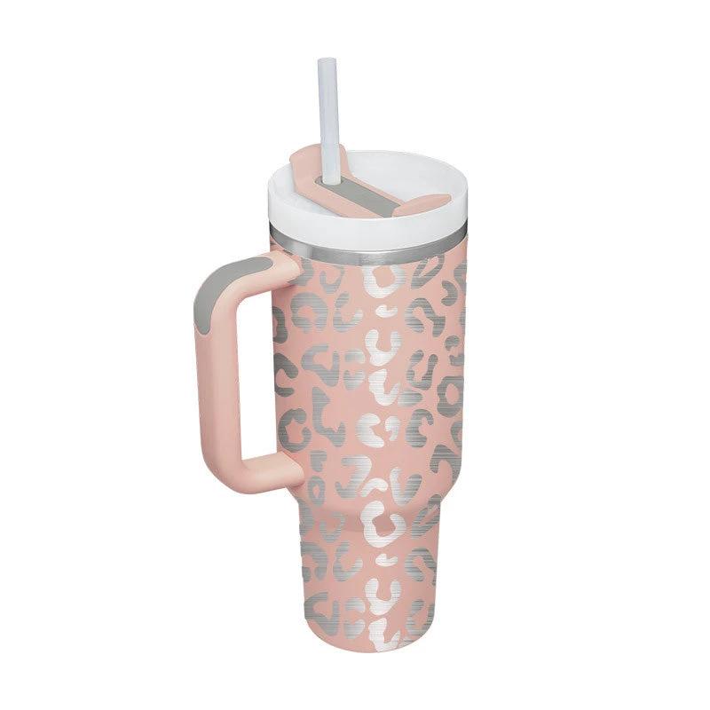 MANDOTOS 40 oz insulated stainless steel tumbler with handle, straw, spill-proof lid, tapered design, ideal for travel, gym, or office.